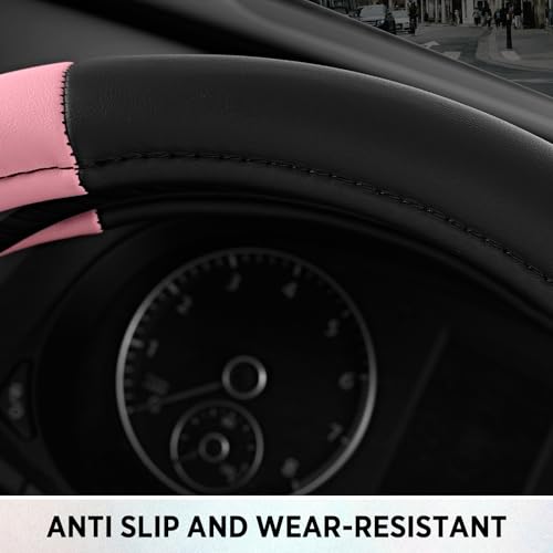 Road Comfort Leather Steering Wheel Cover – Premium Anti-Slip Car Steering Wheel Grip Cover – Universal Fit for 14.5”–15” Cars, Trucks & SUVs - Pink - color: Pink