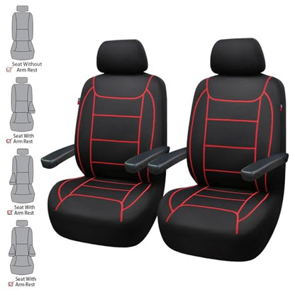 Flying Banner car seat Covers Quality Carbon Fiber Air Mesh Fabric Sport Low High Back Bucket Back Pocket Arm Rest (2 Fronts - Low Bucket - Neoprene, Red Thread)