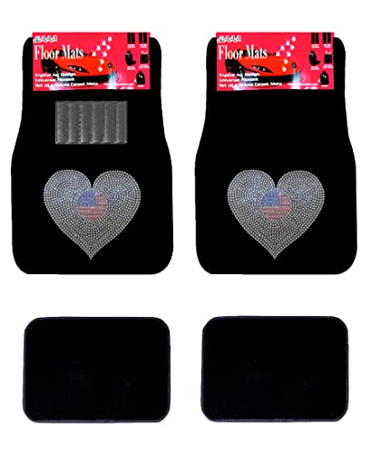 ALLBrand Universal Fit Front/Rear 4 Piece Full Set Crystal Bling Rhinestone Design Studded Carpet Car SUV Truck Floor Mats KAM-MAT-BLACK 0 - color: America Heart/Black