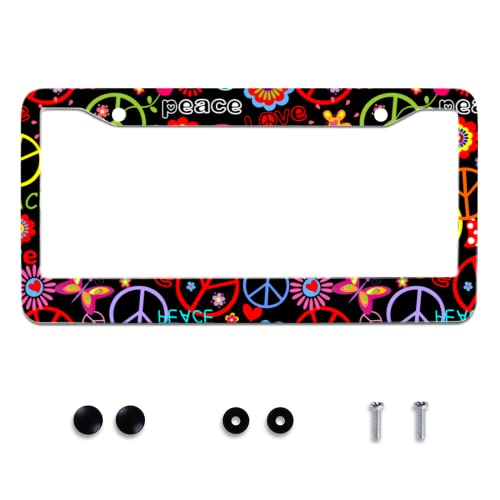 Personalise Hippies Peace Flower License Plate Frames Colored License Plate Frame Car Universal Stainless Steel Accessories Cars Decor 2 Holes Screws Fits Standard US Vehicles Size 12.2 x 6 Inches - color: Hippies Peace Flower