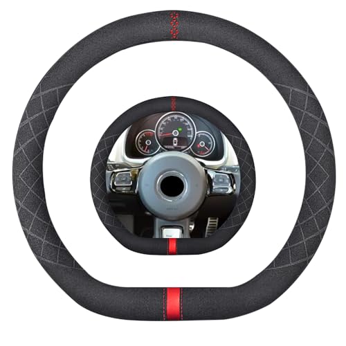 Suede D Shape Steering Wheel Cover,Compatible with Volkswagen Beetle Passat Golf Polo Tiguan Atlas Jetta SuedeLeather Sport Non-Slip Wheel Cover Car Accessories 15 inch for Man and Women - color: Fit VW D Shape Suede Red Mark in Black, size: 15 inch