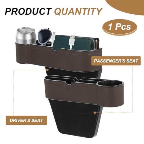 HARFINGTON Car Seat Gap Filler Organizer 10.6 x 7.1 x 2.8 Inch ABS+Leather Universal Car Organizer Storage Box Between Seat and Console (Left) with Cup Holders for Phone Keys, Brown - color: Brown