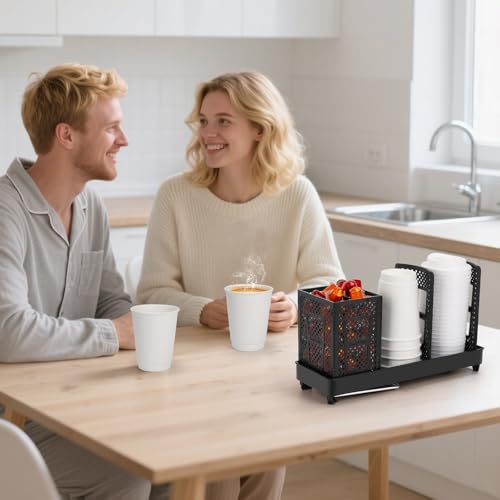 Coffee Cup Dispenser with Straws Holder, Plastic Coffee Cup and Lid Holder, 5-20oz Disposable Paper Cups Organizer for Countertop, Station, Bar, Office, Restaurant, Breakroom(3 Compartments)