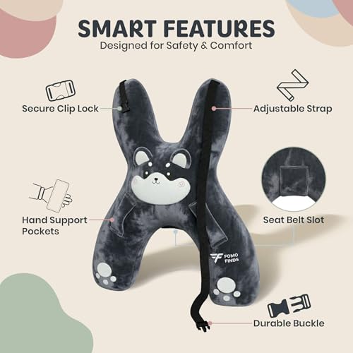 Kids Car Sleeping Pillow - X-Shaped Plush Animal for Neck & Back Support - Hands & Seat Belt Slot - Machine Washable & Compressible - Perfect for Car, Plane, Train, Boat & More - Grey