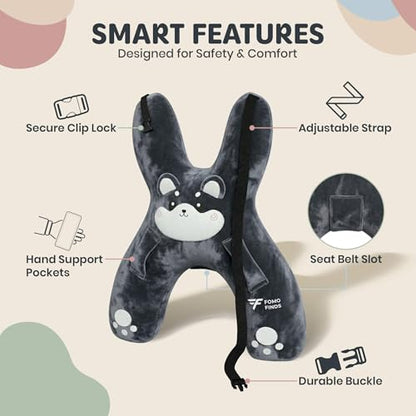 Kids Car Sleeping Pillow - X-Shaped Plush Animal for Neck & Back Support - Hands & Seat Belt Slot - Machine Washable & Compressible - Perfect for Car, Plane, Train, Boat & More - Grey