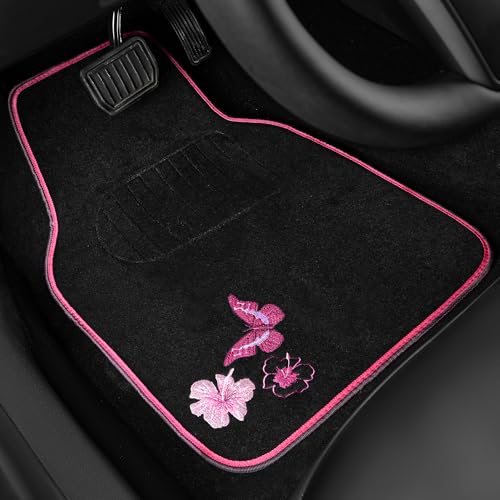 CAR PASS Embroidery Butterfly and Flower Car Floor Mats, Pink Car Floor Mats Universal Fit 95% Automotive,SUVS,Sedan,Vans,for Cute Women,Girly,Set of 4 (Black with Pink) - color: Pink Butterfly and Flower