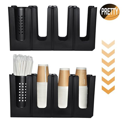 Cup Holder Lid Dispenser with Straw Organizer,4 Compartment 7 Adjusting,Disposable Paper Cup Storage Organizer for Breakroom Countertop Coffee Station Bar Restaurant Beverage Kitchen Coffee Truck