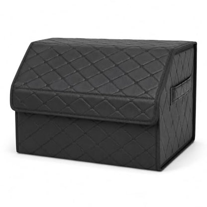 2Pack Leather Trunk Organizer for SUV & Sedans - Extra Large Foldable Car Storage Box with Lid, Adjustable Removable Dividers and Carry Handle, Collapsible Auto Cargo Organizer Black