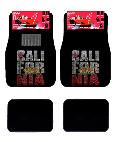 Universal Fit Car Truck Front/Rear 4-Piece Full Set Crystal Bling Rhinestone Design Studded Carpet Floor Mats (California-Black) - color: California-Black