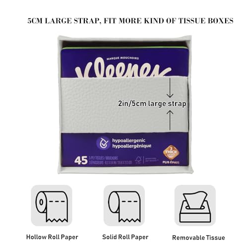 Tissue Box Cover Holder Square Tissue Cube Cover PU Leather Tissue Organizer with Bottom Belt for Bathroom, Tabletop, Car, Night Stands, Office, Home, Kitchen (1, White) - color: White