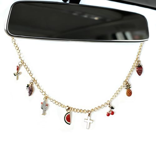Rearview Mirror Charm for Car Gold Car Mirror Hanging Accessories with Cross Pineapple Strawberry Cactus,Christian Cars Accessories for Women,Cross Auto Charm Faith Decor,Religion Gifts for Drivers - color: Fruit