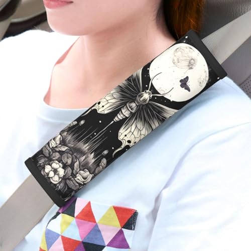 Seat Belt Cover Pads Gothic Moth Butterfly Moon Floral Car Seat Belt Covers for Women Men Adults Kids Soft Comfortable Auto Seatbelt Cushion Shoulder Strap Pad Handle Wraps, 1 Pair - color: Gothic Moth Butterfly Moon Floral