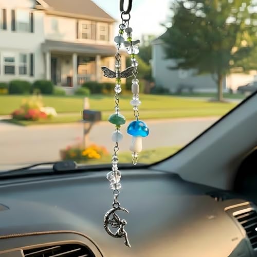 Mushroom Car Accessories for Women Cute Mushroom Car Hanging Ornament Boho Rear View Mirror Accessories Interior Car Decor Bag Charms Gifts for Women Girls (Blue) - color: Blue