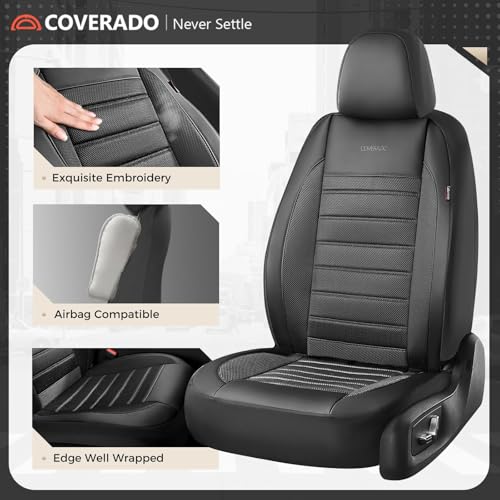 Coverado Car Seat Covers Full Set, Luxury Leather Car Seat Covers, Automotive Front and Rear Mesh Seat Covers, Full Set 5 Seats, Black Seat Covers for SUV Sedan Truck - color: Black, size: FullSet