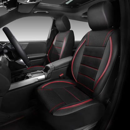 CAR PASS Mesh Leather Car Seat Covers Full Set,Breathable Mesh Faux Leather Seat Covers for Car, Universal Fit for SUV Truck Sedan Automotive, Airbag Compatible, Black and Red - color: Red Black Mesh Leather