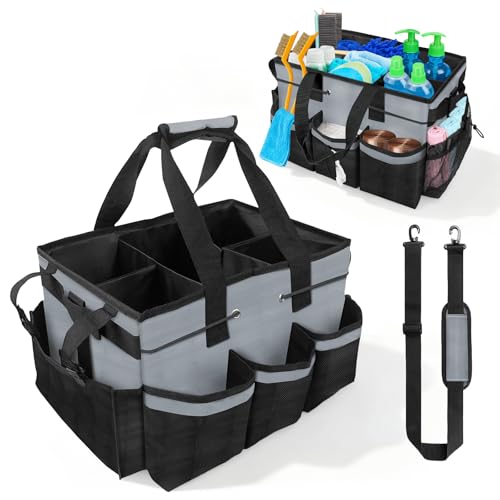 ALSLEA Large Cleaning Caddy Bag 15" x 10½" x 9" Heavy-Duty Organizer Tote for Home, Housekeepers, Janitors Cleaning Caddy for Cleaning Supplies with Shoulder Strap & Multiple Pockets (Gray) - color: Gray