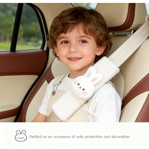 2 PCS Seat Belt Cover Pad, Cute Kawaii Animal Bunny Seatbelt Covers for Kids and Adults, Winter Plush Fluffy Soft Seat Belt Cover, Cartoon Seatbelt Cushion,Car Seat Strap Pads (F-Bunny)