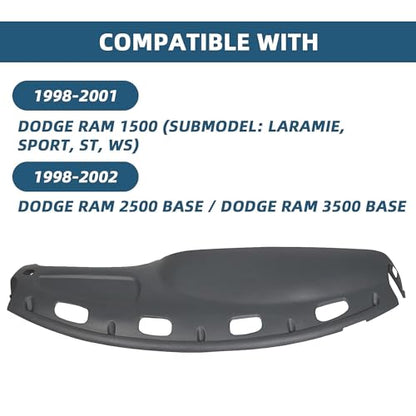 ECOTRIC Dash Cover Overlay Compatible with 1998-2001 Dodge Ram 1500, 1998-2002 Dodge Ram 2500 Base/Dodge Ram 3500 Base Trucks Gray Dashboard Dash Cap Pad Bezel Molded Protector - size: Dashboard Cover