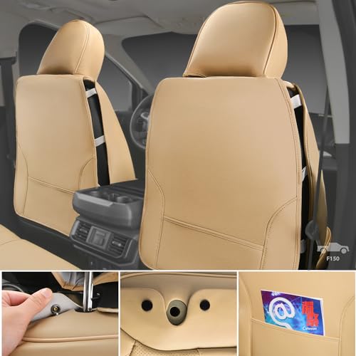 CAR PASS Nappa Leather Car Seat Covers 5 Seat, Luxury Lumbar Support, Waterproof Breathable Durable All Coverage Leatherette Seat Covers for SUVs,Pickups,Trucks,Vehicles (Full Set Solid Beige) - color: Beige