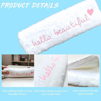 Hello Beautiful Seat Belt Strap Cover Pad, Cute Inspirational Interior Car Accessories Decor, Auto Car Vehicle SUV 2026, White Fluffy Shoulder Neck Cushion Protector for Women Girls, 2 PCS