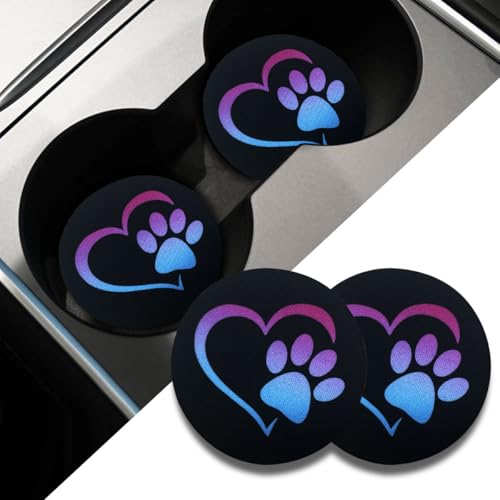 2PCS Car Cup Holder Coasters, 2.73 Inch Absorbent Anti-Slip Shockproof Cup Holder Insert, Dog Paw Heart Print Car Drink Mat, Universal Car Interior Accessories for Vehicles, Trucks, RVs (Blue/Pink)