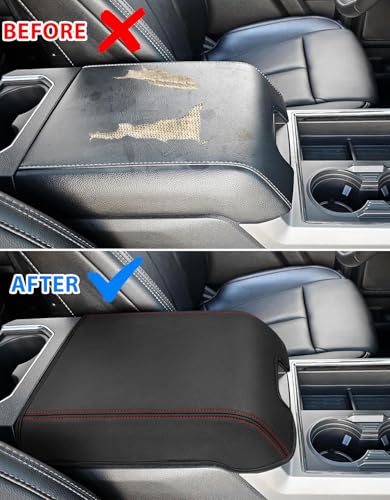 Center Console Cover for 2015-2020 F150 Accessories, F250 F350 F450 2017-2022, Expedition 2018-2024, PU Leather Middle Armrest Cusion Protector, Bucket Seat Only, Anti-Scratch, Black-Red Stitch - size: Bucket Seat, 17-22 F250-F450, red stitch
