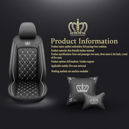Crown Car Seat Covers Full Set, Premium Leather Waterproof Anti-Slip Automotive Interior Protector for Cars, SUVs, Pickup, Trucks & Sedans (Black+White Line) - color: Black+White