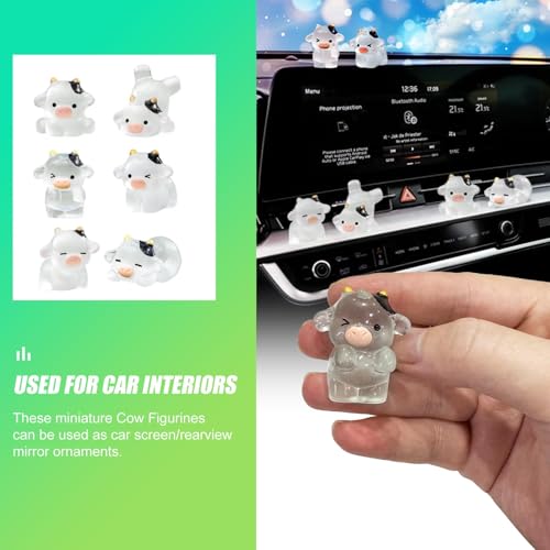 6Pcs Cute Luminous Cow Car Dashboard Decor Set- Cars Rearview Mirror/Dashboard/Touchscreen Top Funny Adorable Auto Rear View Mini Cows Ornament (Clear White)