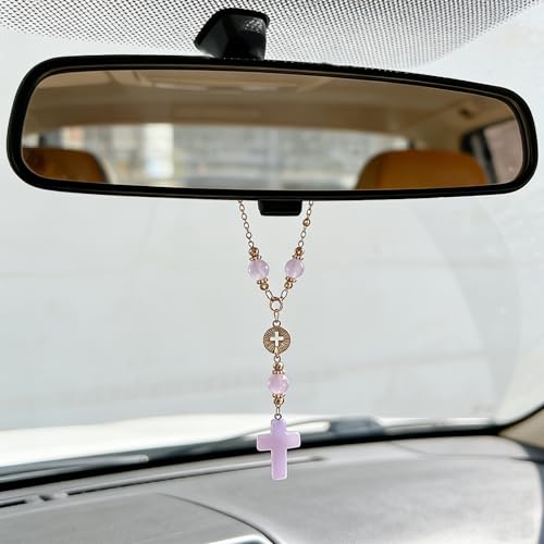 3 Pcs Christian Car Accessories for Women - Rear View Mirror Cross, Steering Wheel Rosary Charm & Air Vent Clip - Cute Girly Bling Car Decor (Pink)