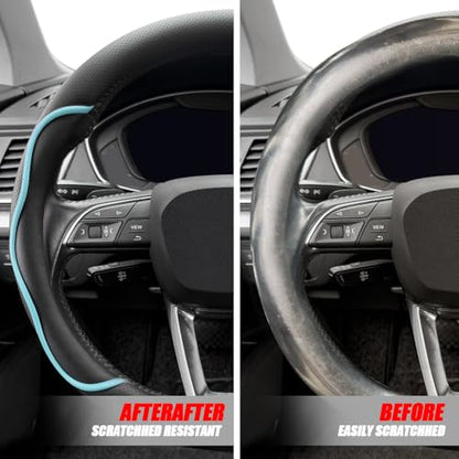 Nappa Leather Steering Wheel Cover. Stylish Striped Design, Universal fit for 14.5–15-inch Steering Wheels, Slip-Resistant and Breathable, Protects the Steering Wheel.Black and Blue - color: Black and Blue