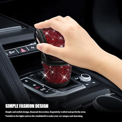Bling Auto Gear Shift Knob Cover, Car Shifter Cover, Sparkly Crystal Rhinestones Gear Shift Knob Cover for Women Girls, PU Leather Shift Gear Cover with Bling Accessories Fit Cars (Red) - color: Red