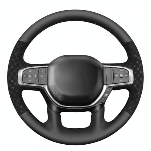 MEWANT Hand Stitch Steering Wheel Cover for Dodge RAM 1500 2500 3500 2019-2025 DIY Custom Fit Black Faux Leather Diamond Embossed Athsuede Wrap Protector Non-Slip Interior Accessories - color: Faux Leather&Diamond Emboss Suede&Black Thread