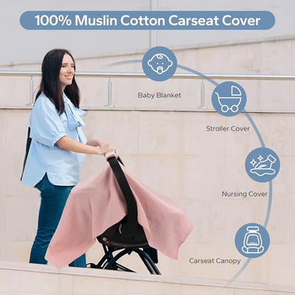 SERAPHY 100% Muslin Cotton Car Seat Cover Baby, Universal Carseat Covers, Breathable Baby Car Seat Canopy for Boys Girls, Soft Infant Car Seat Cover for Summer —Pink - color: Pink
