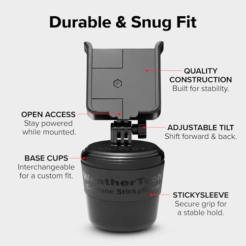 WeatherTech CupFone, Universal Cup Holder Phone Mount for Cars – Adjustable & Secure Fit with Open Access for Charging – Compatible with iPhone, Android - Black