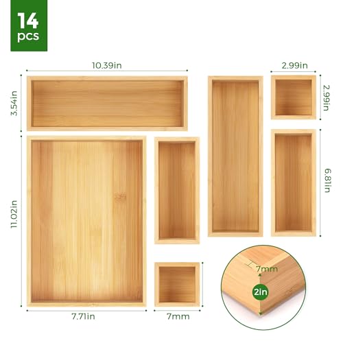 Bamboo Drawer Organizer Set, 14 PCS Multi-Use Individual Wood Storage Organizers, Junk Drawer Divider and Storage Trays Containers for Kitchen, Bathroom, Office Desk, Makeup, Jewelry, Utensils - size: 14
