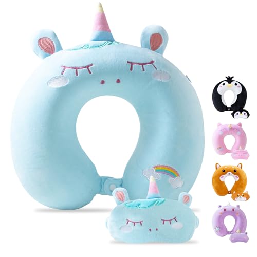 Cirorld Travel Pillow for Kids Adult Cute Neck Pillow for Traveling Memory Foam Airplane Pillow Sleep Mask Animal Flight Pillow Head Rest Neck Support for Cars Long Flights (Blue, 3-8 Y/O)