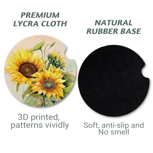 Yonlevres Car Coasters for Cup Holders, 2.75" Anti Slip Rubber Mat with a Finger Notch, 2 Pack Sunflower - color: Sunflower