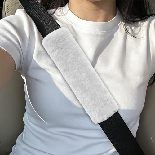 2PCS Car Seat Belt Cover Pads, Fluffy Car Seatbelt Covers, Soft & Comfortable Plush Seat Belt Cushion Protects Shoulder, Auto Safety Belt Strap Cover to Protect Your Neck (White) - color: White