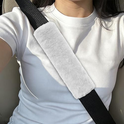 2PCS Car Seat Belt Cover Pads, Fluffy Car Seatbelt Covers, Soft & Comfortable Plush Seat Belt Cushion Protects Shoulder, Auto Safety Belt Strap Cover to Protect Your Neck (White) - color: White