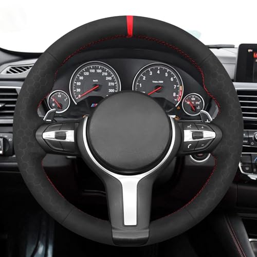 MEWANT Hand-Stitched Steering Wheel Cover for BMW (M Sport) F22 F23 F30 F34 F32 F33 F36 F10 F07 F12 F13 F06 F39 F25 F26 F15 F16, DIY Custom Fit Steering Wheel Wrap for BMW - color: 45:red stripe + red thread