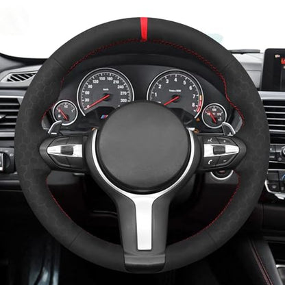 MEWANT Hand-Stitched Steering Wheel Cover for BMW (M Sport) F22 F23 F30 F34 F32 F33 F36 F10 F07 F12 F13 F06 F39 F25 F26 F15 F16, DIY Custom Fit Steering Wheel Wrap for BMW - color: 45:red stripe + red thread