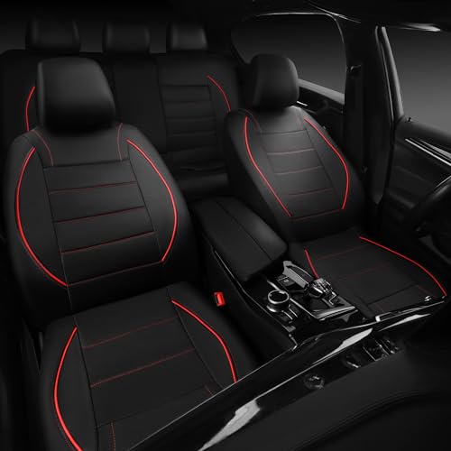CAR PASS Universal FIT Piping Leather Two Front Seat Covers, Waterproof Faux Leather for SUV Sedan Van Truck, Airbag Compatible,Reserved Opening Holes for Headrest Covers. (Black red) - color: Black Red