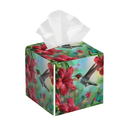 Tissue Box Cover PU Leather Square Tissues Holder Spring Summer Hummingbirds Floral Bird Decorative Facial Paper Organizer Dispenser for Bedroom Bathroom Vanity,Home Office Car - color: Green Pink