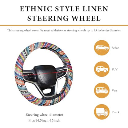 Boho Steering Wheel Cover, 15 Inch Coarse Flax Cloth Ethnic Style Anti-Slip Car Wheel Wrap, Universal Breathable Bohemian Steering Wheel Protector for Cars Vans Trucks (A) - color: A