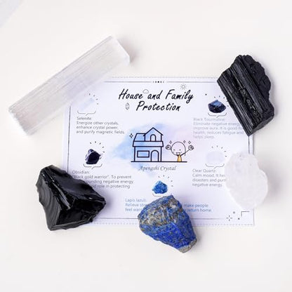 Apengshi Protection Crystal Stone Set for House and Family Protection Set of 5 Pieces Stone Black Tourmaline Clear Quartz Lapis Lazuli Obsidian and Selenite Healing Crystal Stones - color: House and Family Protection