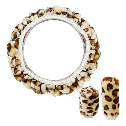 X AUTOHAUX Elastic Leopard Pattern Fluffy Car Steering Wheel Cover with Handbrake Gear Shift Cover Set Universal Beige - color: Beige