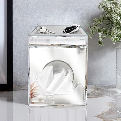 Wocred Square Tissue Box Cover Upgrades with Storage Tray,Crystal Crushed Diamond Tissue Box, Luxury Tissue Holders for Either Tissues in a Bathroom or Napkins on a Table.(6.5”x5.5”x5.5”) - color: Silver Tissue Box Tray