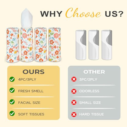 Car Tissue Holder Cylinder - 4 Pack, 50 3-Ply Tissues per Cylinder, Fits Car Cup Holders, Portable, Floral Design, Round Tissue Box for Car - style: Floral