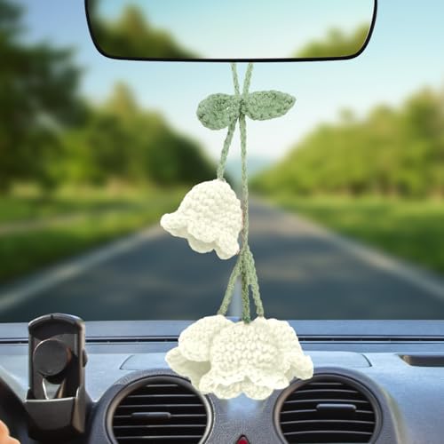 Crochet Lily of The Valley Mirror Hanging Ornament for Cars, Cute Hand Knitted Flower Rear View Mirror Car Charm, Hanging Pendant Decor Car Accessories for Women (White) - color: White