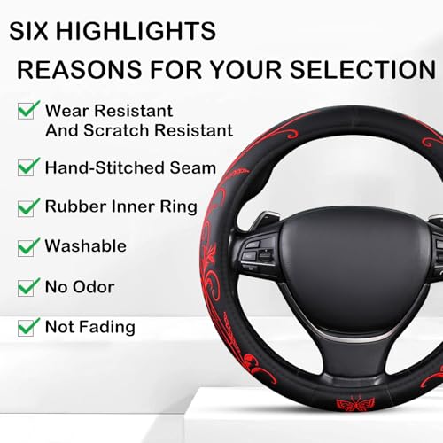 Red Embroidery Butterfly Car Steering Wheel Cover,14.5-15 Inch Universal Leather Covers Breathable Anti-Slip Odorless Steering Wheels Accessories for Men Women - color: Embroidery Red